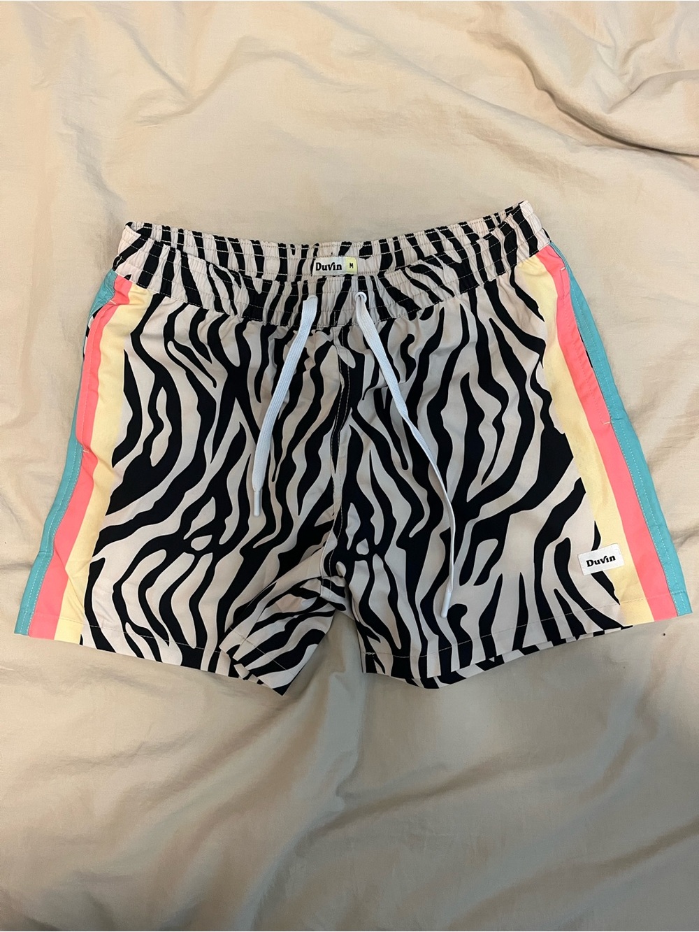 Duvin Black & White Zebra Print Swim Trunks with Color Stripe